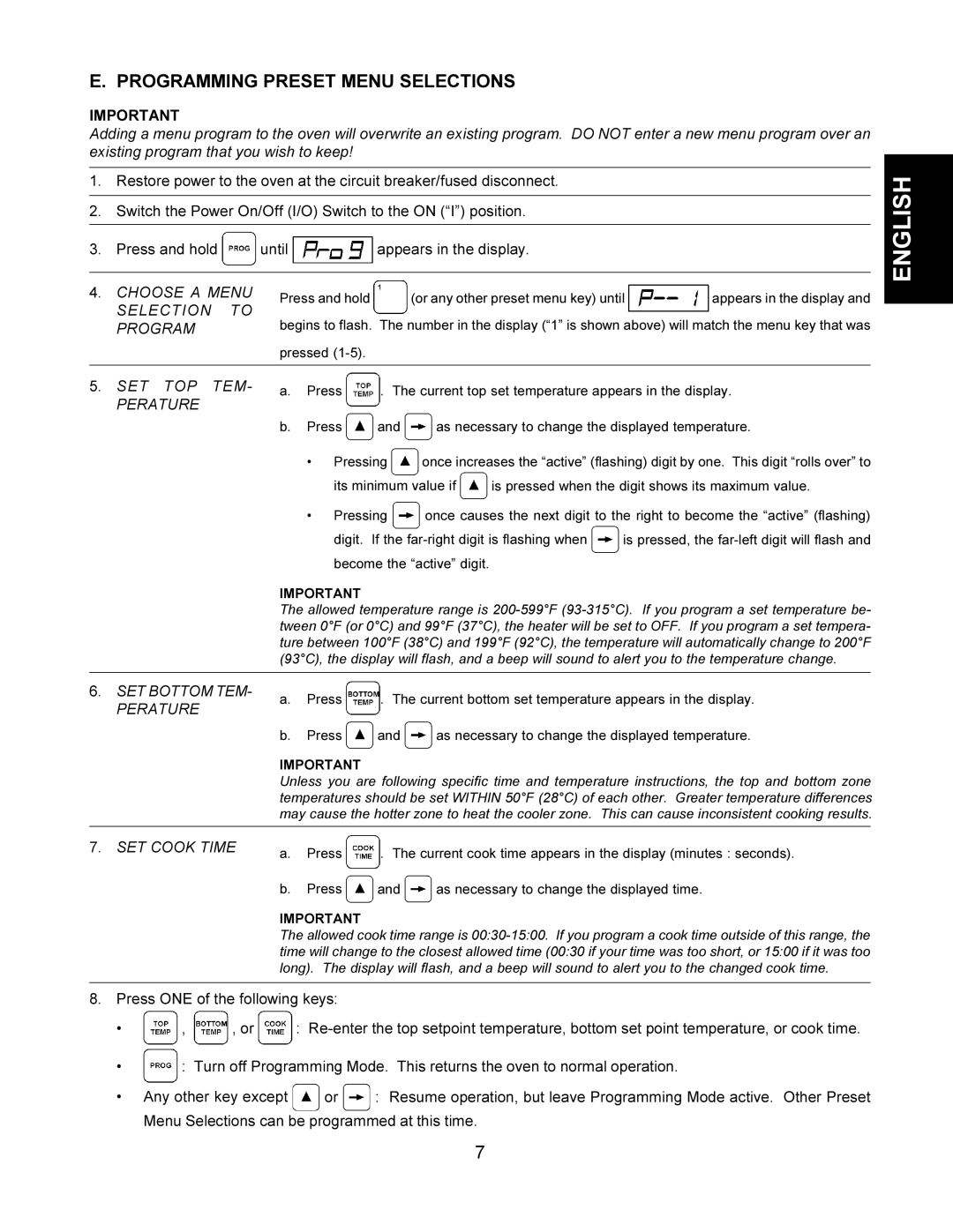 Middleby Cooking Systems Group TCO21140066, TCO21140063, TCO21140035, TCO21140077 Programming Preset Menu Selections 