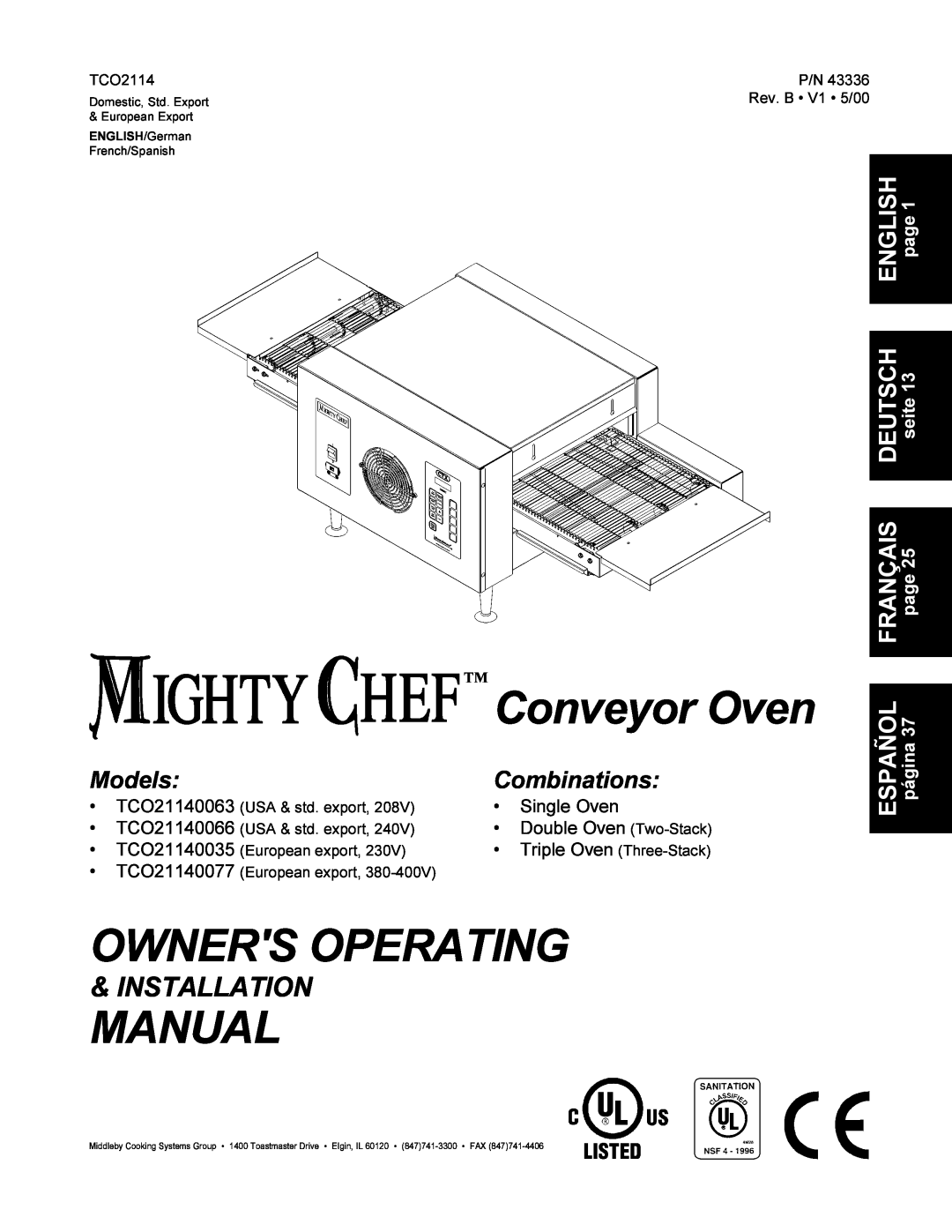 Middleby Cooking Systems Group TCO21140035 installation manual Models, TM Conveyor Oven, Owners Operating, Manual 