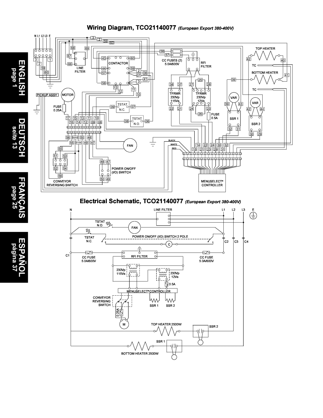 Middleby Cooking Systems Group TCO21140063, TCO21140035 Wiring Diagram, TCO21140077 European Export, ENGLISH page1 
