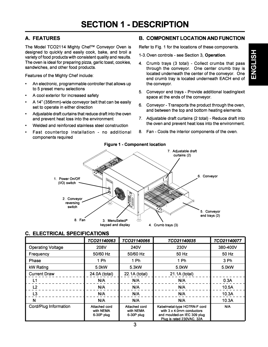 Middleby Cooking Systems Group TCO21140066 Description, A. Features, C. Electrical Specifications, Component location 