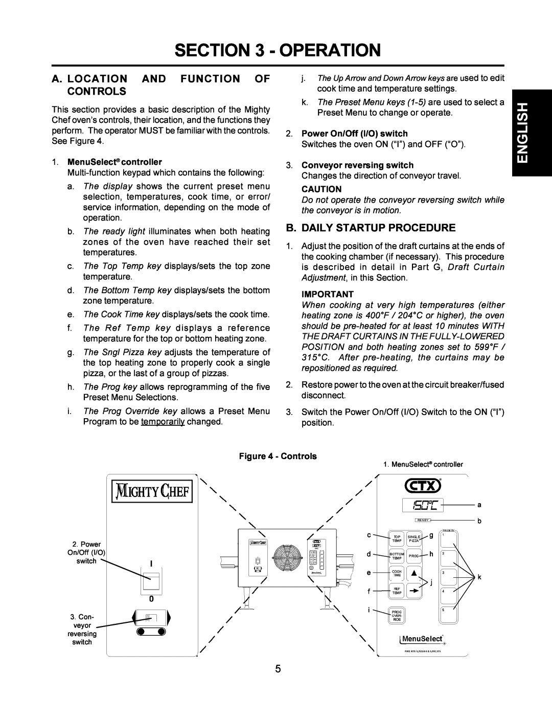 Middleby Cooking Systems Group TCO21140035 Operation, A. Location And Function Of Controls, B. Daily Startup Procedure 