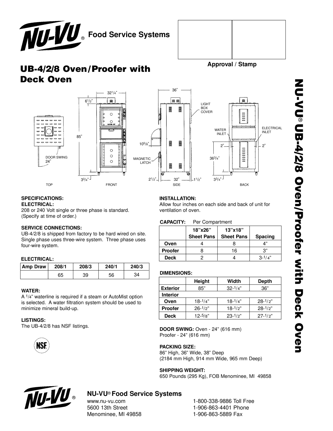 Middleby Cooking Systems Group UB-4/2/8 Specifications Electrical, Service Connections, Water, Listings, Installation 