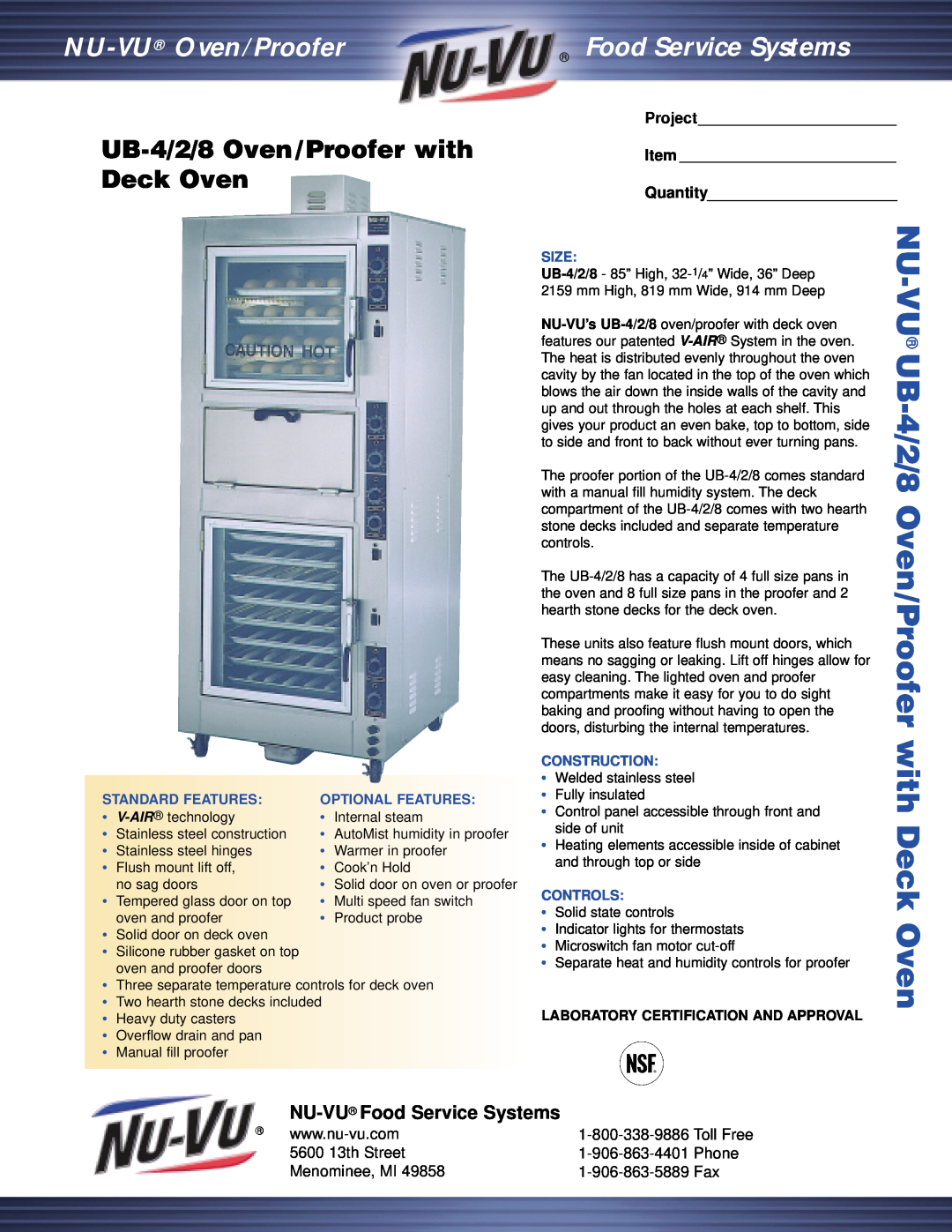 Middleby Cooking Systems Group manual UB-4/2/8Oven/Proofer with Deck Oven, NU-VU Food Service Systems, 5600 13th Street 