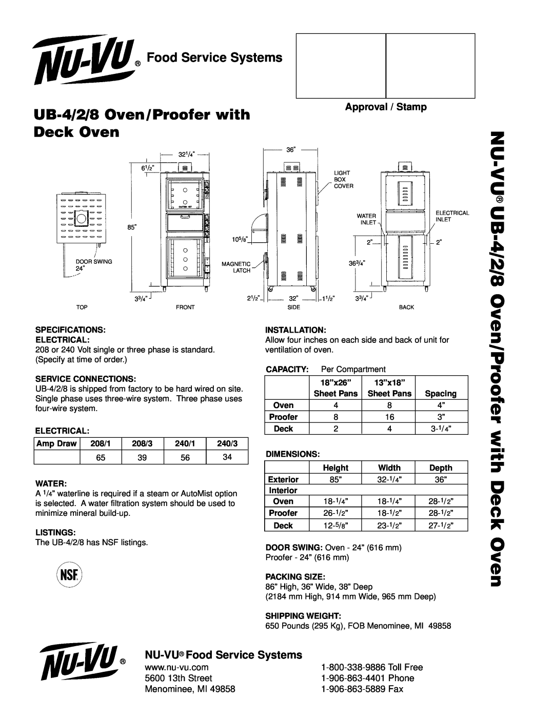 Middleby Cooking Systems Group manual VU UB-4/2/8, UB-4/2/8Oven/Proofer with Deck Oven, Food Service Systems, Phone 