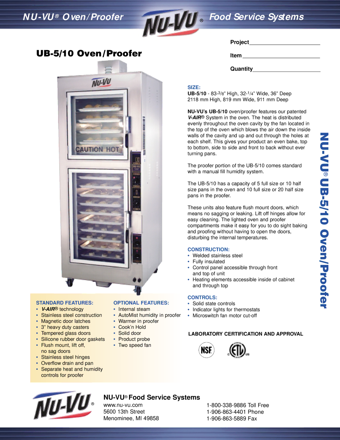 Middleby Cooking Systems Group UB 5/10 manual Size, Construction, Controls, Standard Features, Optional Features 