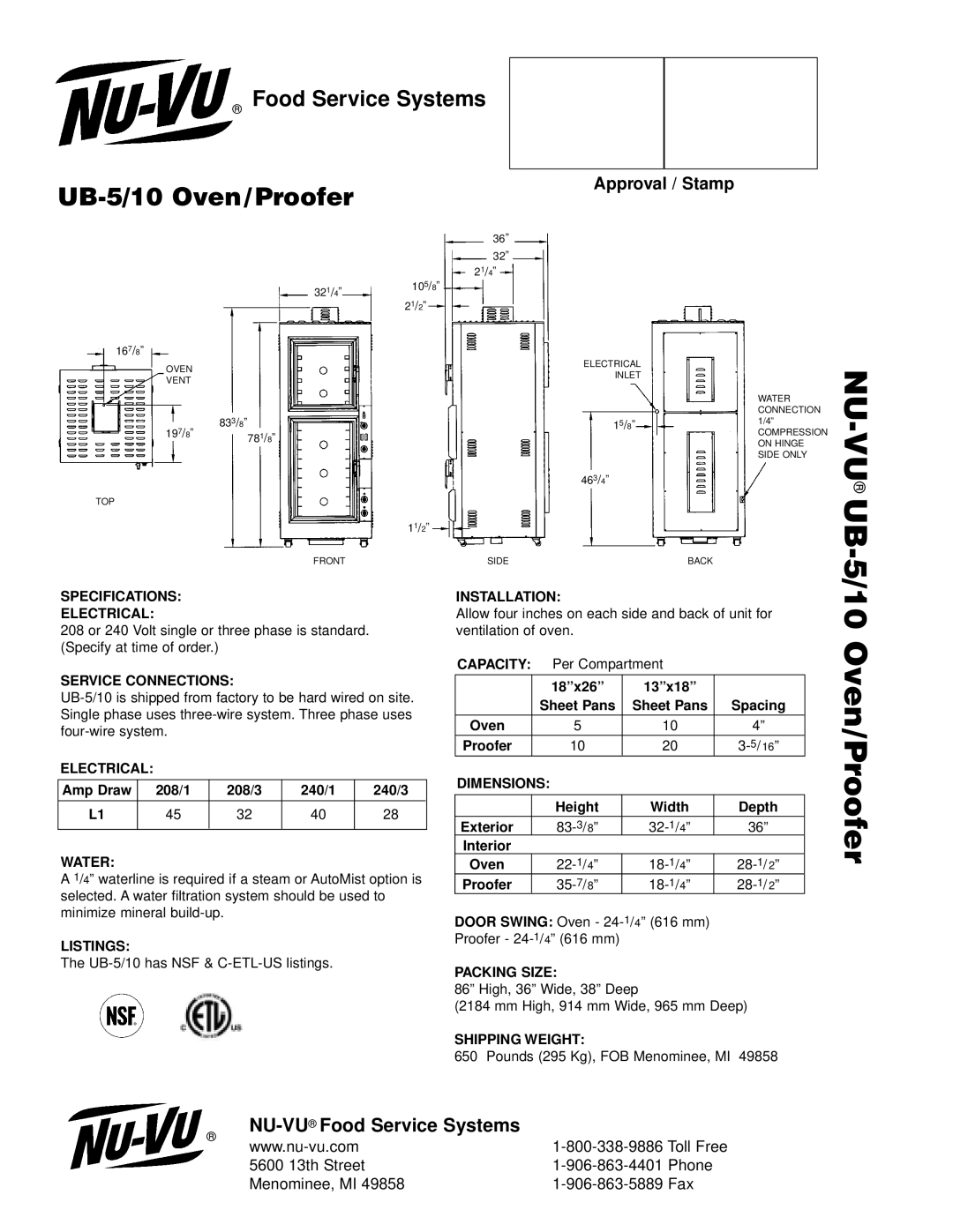 Middleby Cooking Systems Group UB 5/10 manual Specifications Electrical, Service Connections, Water, Listings, Installation 