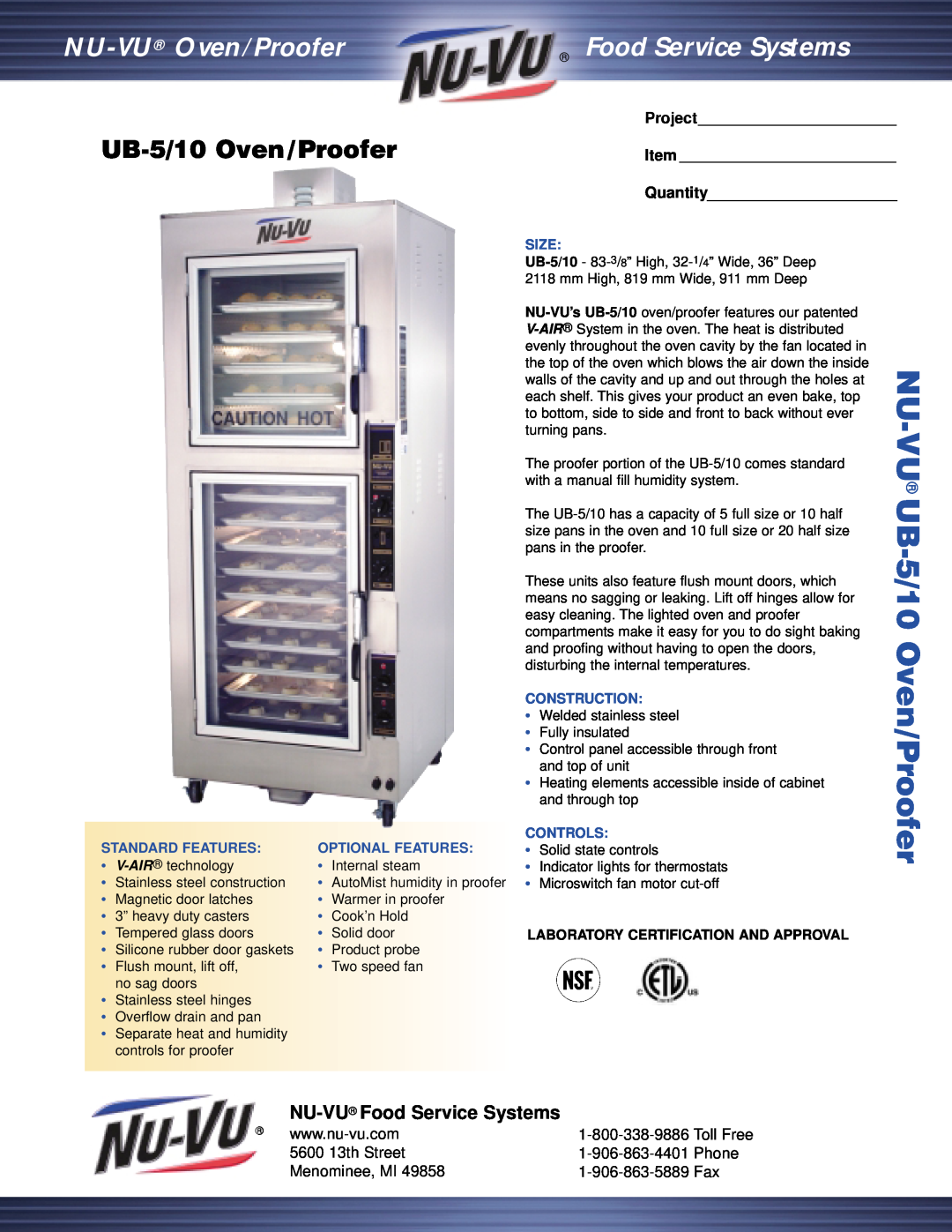 Middleby Cooking Systems Group UB 5/10 manual UB-5/10Oven/Proofer, NU-VU Food Service Systems, 5600 13th Street, Phone 