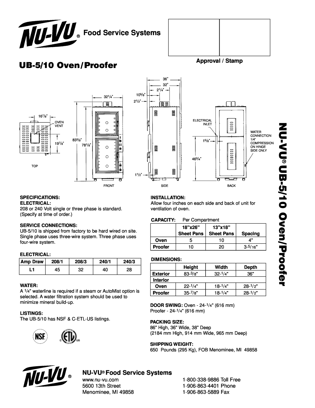 Middleby Cooking Systems Group UB 5/10 manual Nu-Vu Ub, 5/10 Oven/Proofer, UB-5/10Oven/Proofer, Food Service Systems, Phone 