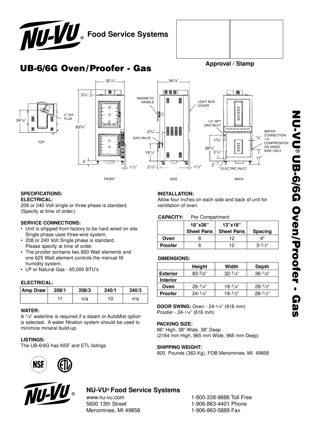 Middleby Cooking Systems Group UB 6/6G manual Specifications Electrical, Service Connections, Water, Listings, Installation 