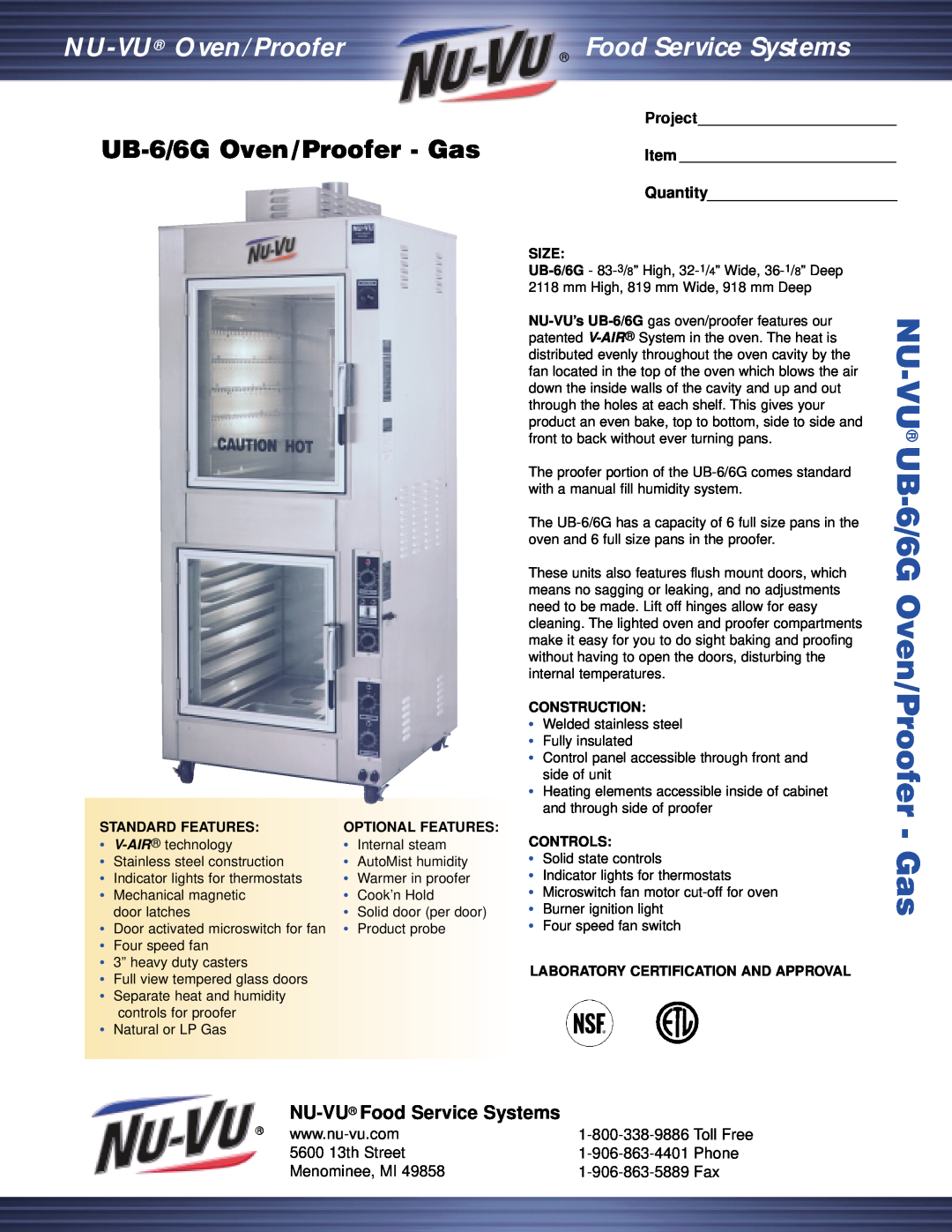 Middleby Cooking Systems Group UB 6/6G manual UB-6/6GOven/Proofer - Gas, NU-VU Food Service Systems, 5600 13th Street 