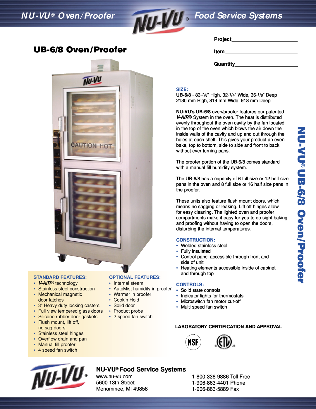 Middleby Cooking Systems Group manual UB-6/8Oven/Proofer, NU-VU Food Service Systems, 5600 13th Street, Phone, Project 