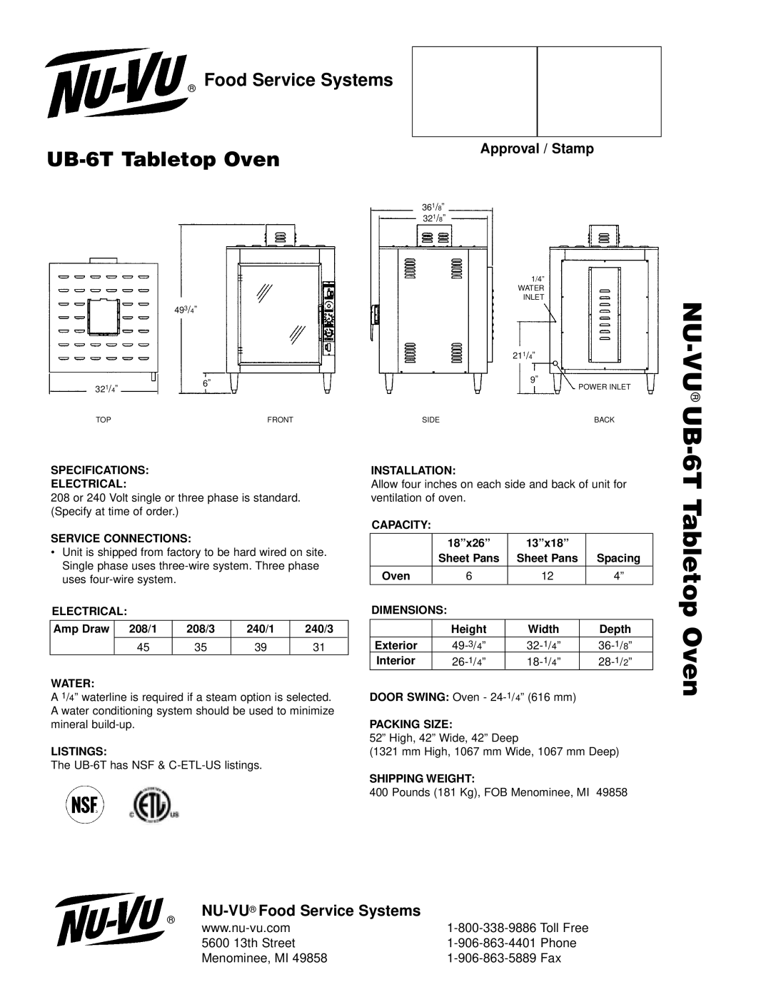 Middleby Cooking Systems Group UB-6T manual Specifications Electrical, Service Connections, Water, Listings, Installation 