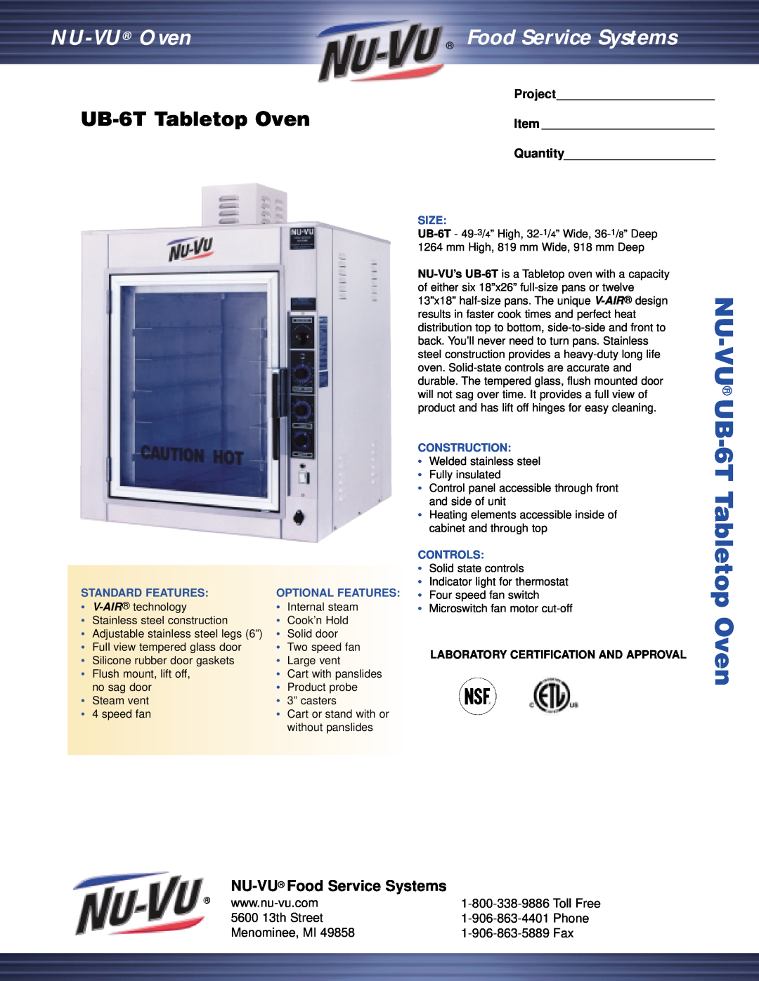 Middleby Cooking Systems Group manual UB-6TTabletop Oven, NU-VU Food Service Systems, 5600 13th Street, Phone, Project 