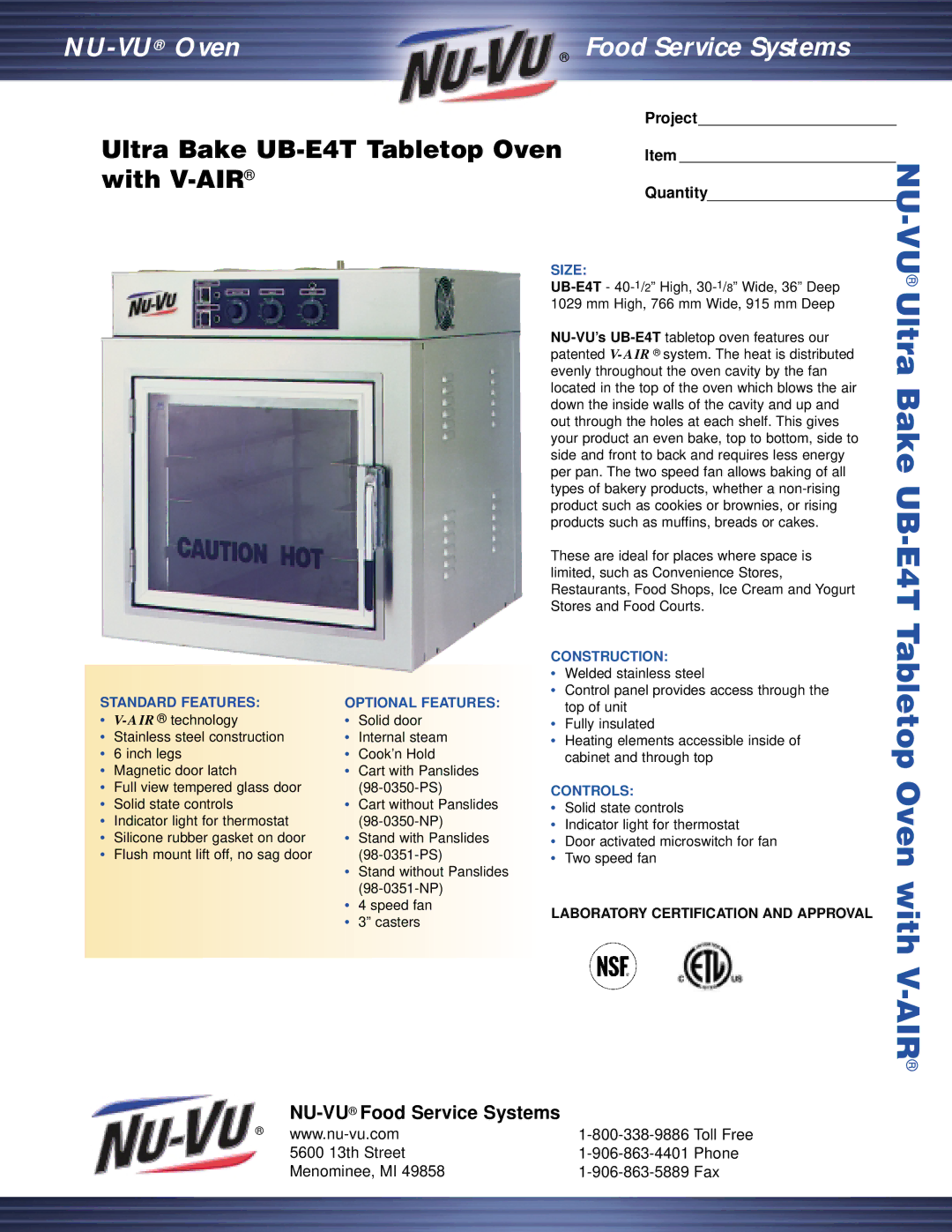 Middleby Cooking Systems Group UB-E4T manual Standard Features, Optional Features, Size, Construction, Controls 