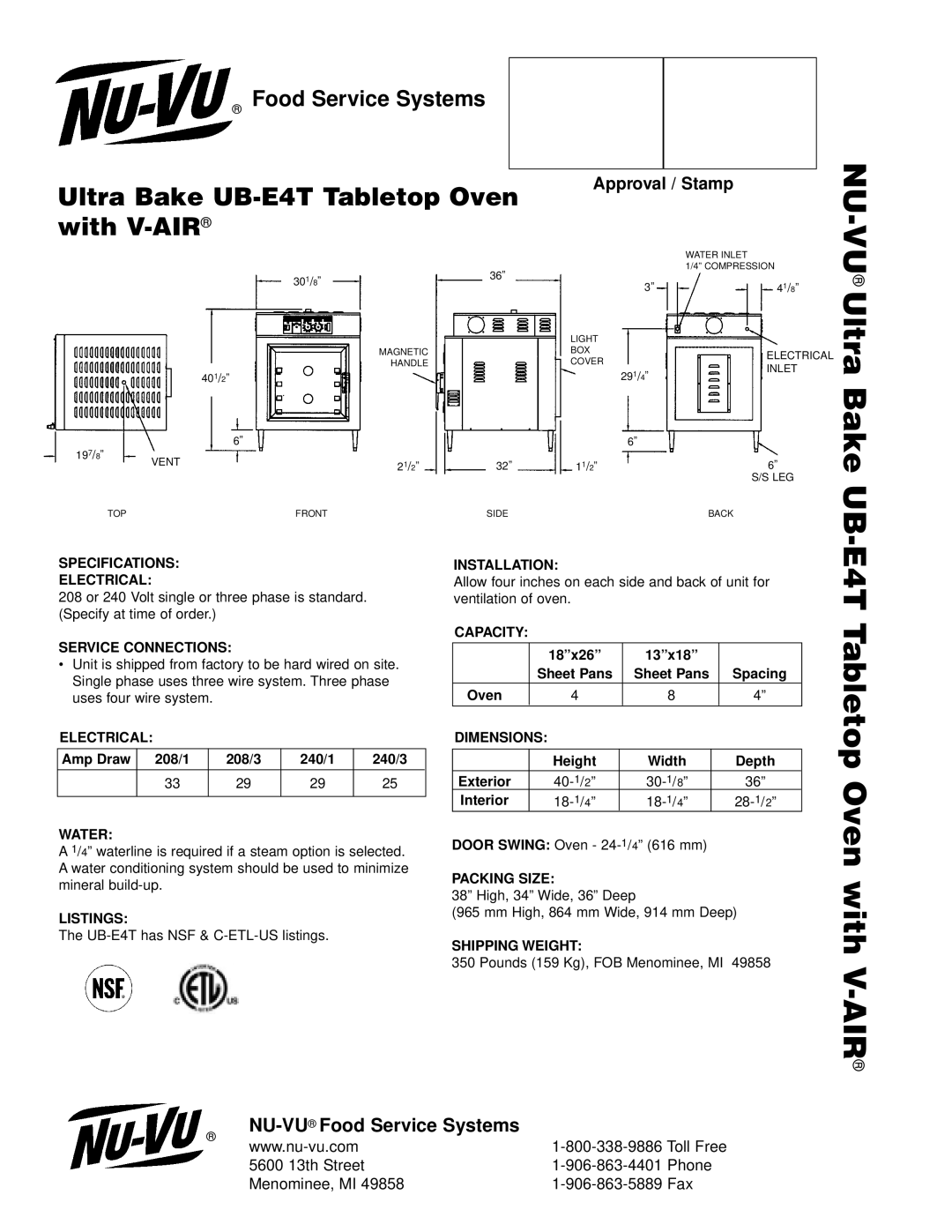 Middleby Cooking Systems Group UB-E4T manual Specifications Electrical, Service Connections, Water, Listings, Installation 