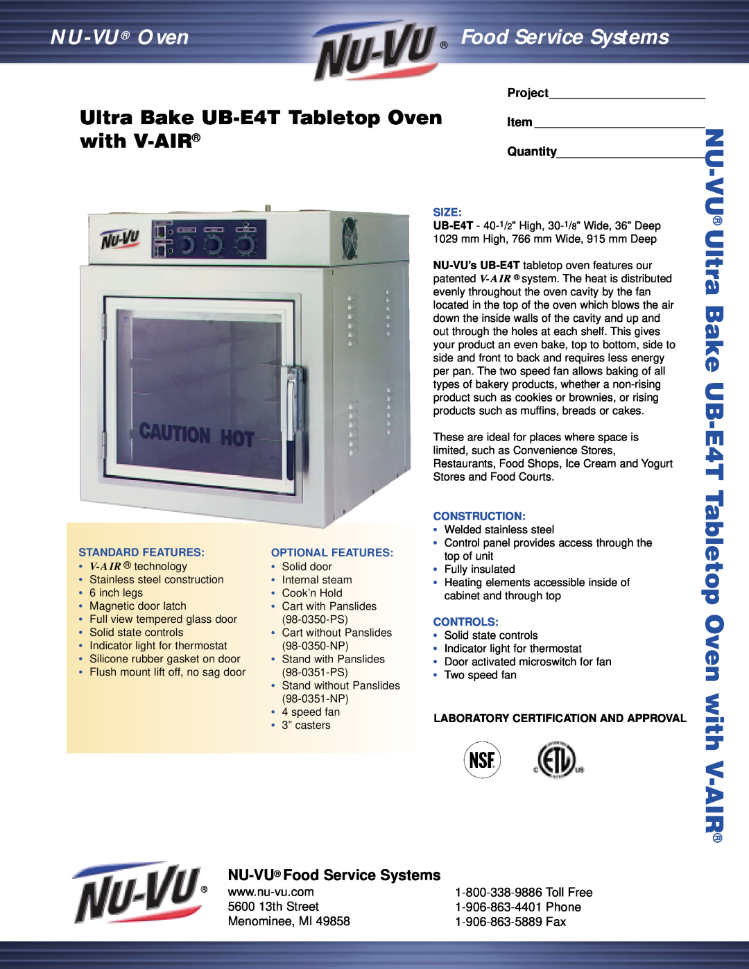 Middleby Cooking Systems Group manual Ultra Bake UB-E4TTabletop Oven with V-AIR, NU-VU Food Service Systems, Phone 