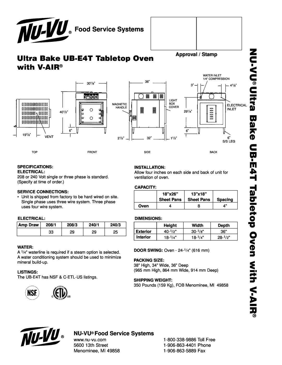 Middleby Cooking Systems Group UB-E4T manual NU-VU Ultra, E4T Tabletop Oven with V-AIR, Bake, Food Service Systems, Phone 