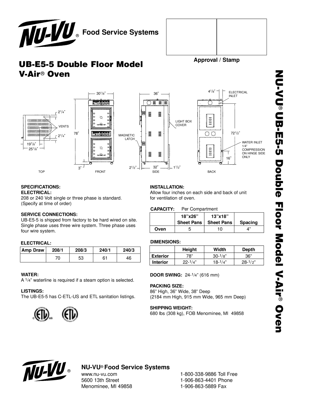 Middleby Cooking Systems Group UB-E5-5 manual Floor Model V-AirOven 