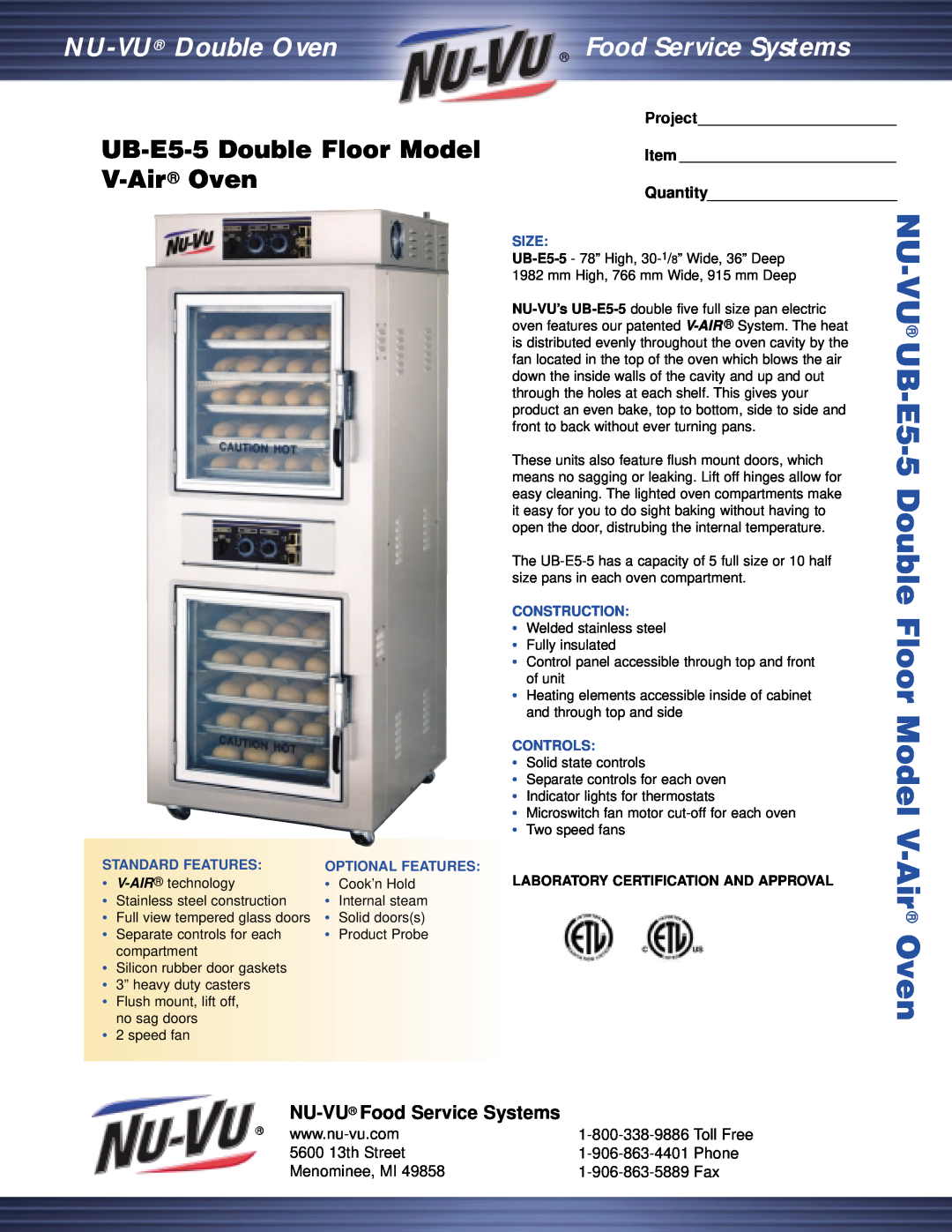 Middleby Cooking Systems Group manual UB-E5-5Double Floor Model V-Air Oven, NU-VU Food Service Systems, Phone, Size 