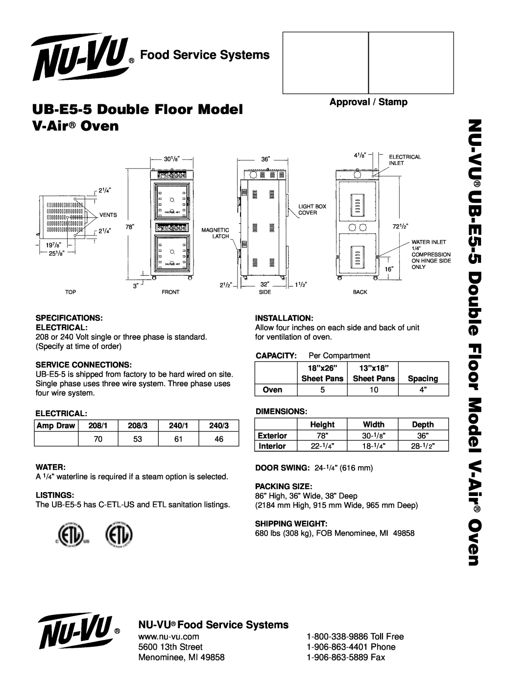 Middleby Cooking Systems Group VU UB-E5-5Double, UB-E5-5Double Floor Model V-Air Oven, Food Service Systems, Phone 