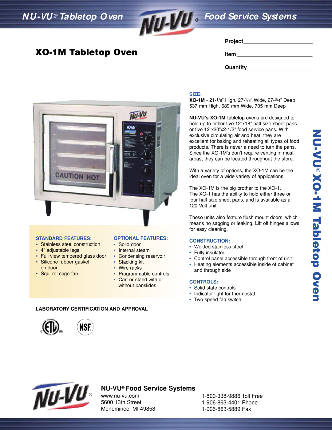 Middleby Cooking Systems Group XO-1M manual Size, Standard Features, Optional Features, Construction, Controls 