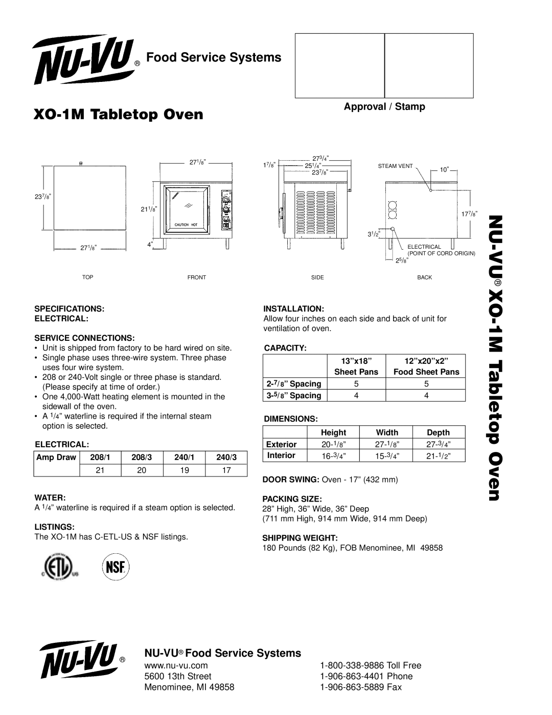 Middleby Cooking Systems Group XO-1M manual Specifications Electrical Service Connections, Water, Listings, Installation 