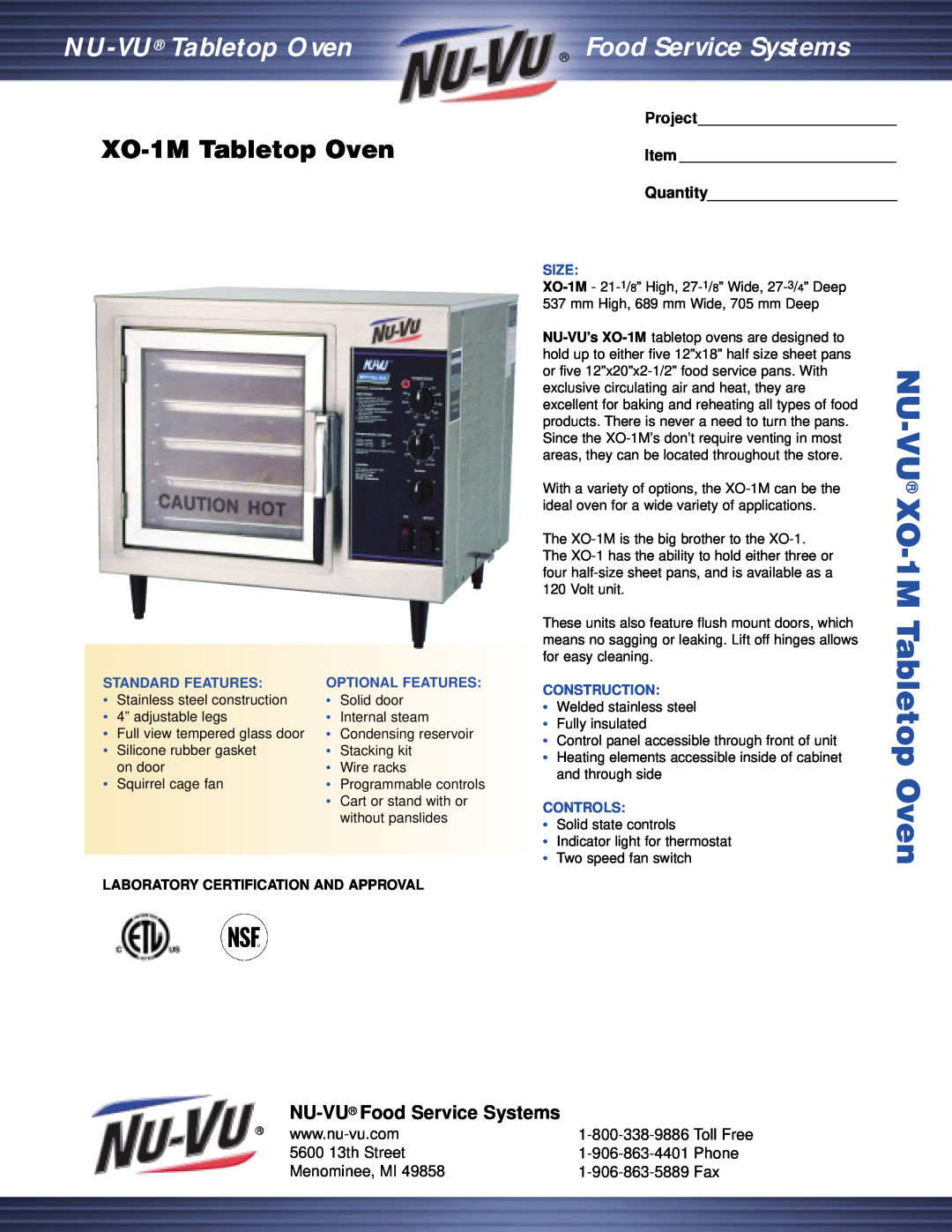 Middleby Cooking Systems Group manual XO-1MTabletop Oven, NU-VU Food Service Systems, 5600 13th Street, Phone, Size 