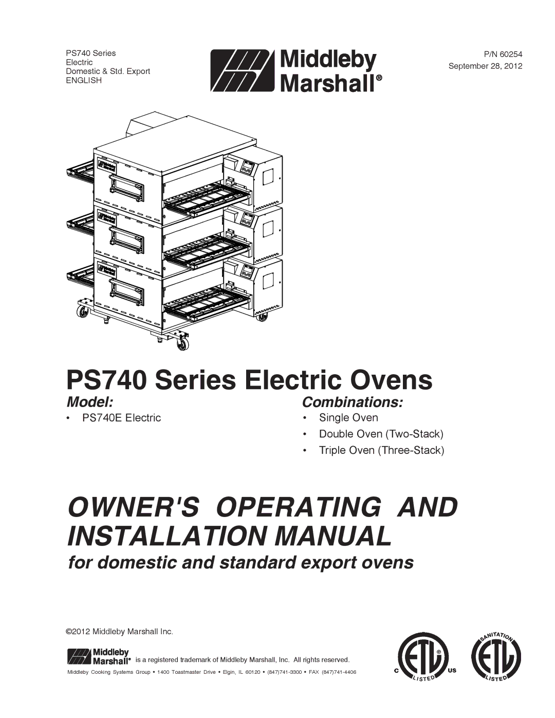 Middleby Marshall 60254 installation manual Owners Operating and Installation Manual 