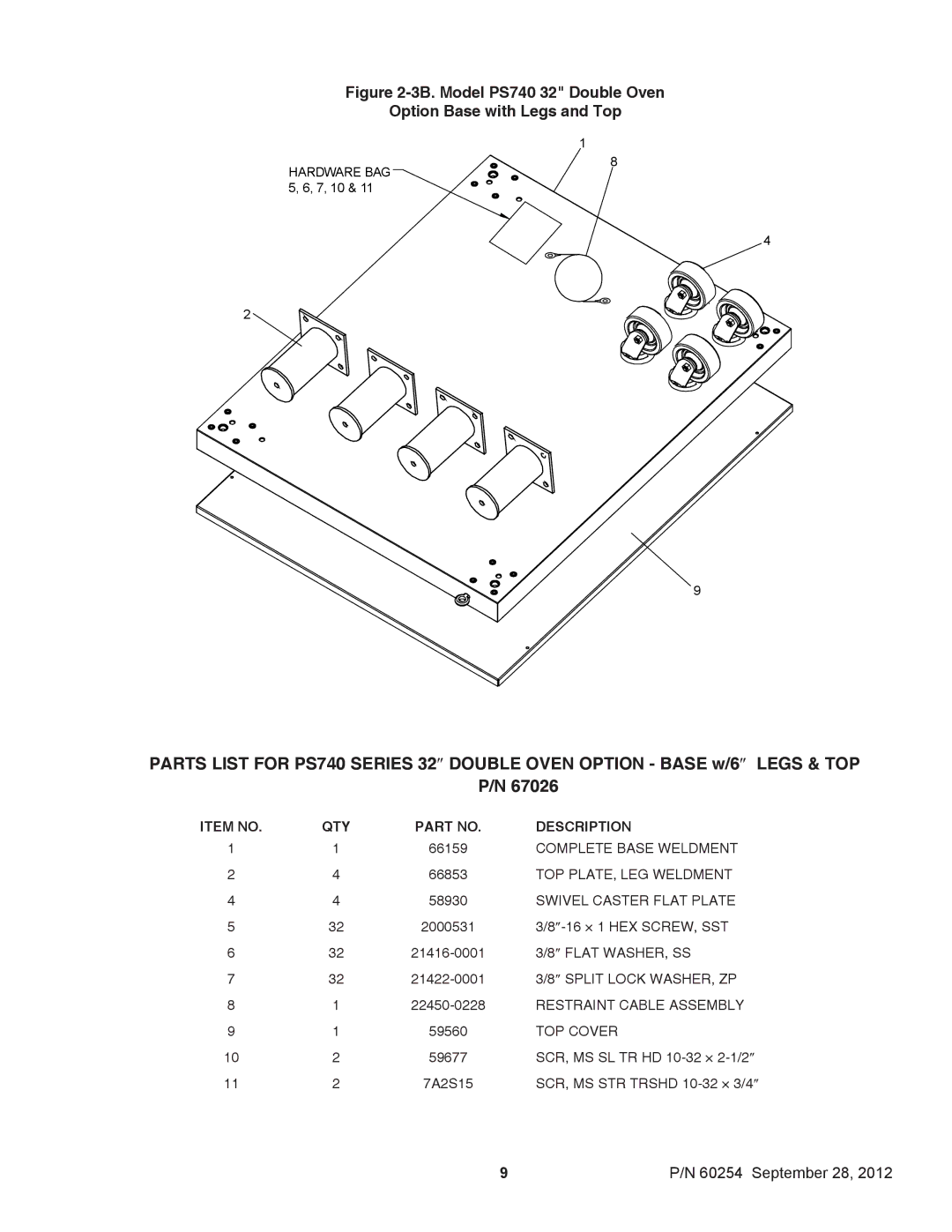 Middleby Marshall 60254 installation manual 3B. Model PS740 32 Double Oven Option Base with Legs and Top 