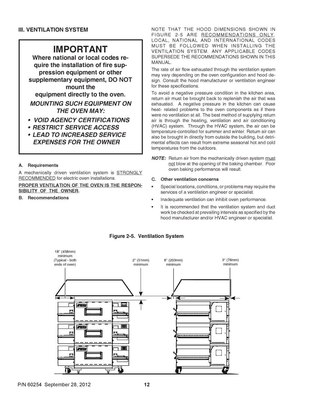 Middleby Marshall 60254 III. Ventilation System, Requirements, Recommendations, Other ventilation concerns 