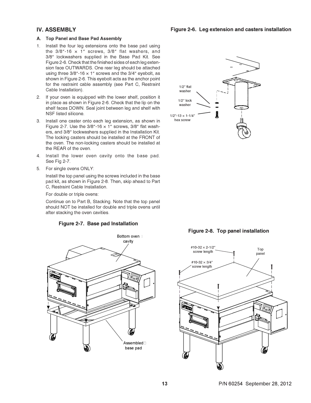 Middleby Marshall 60254 installation manual IV. Assembly, Top Panel and Base Pad Assembly 