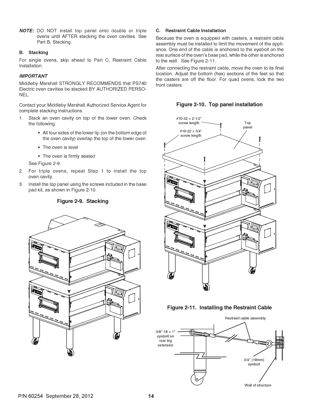 Middleby Marshall 60254 installation manual Stacking, Restraint Cable Installation 