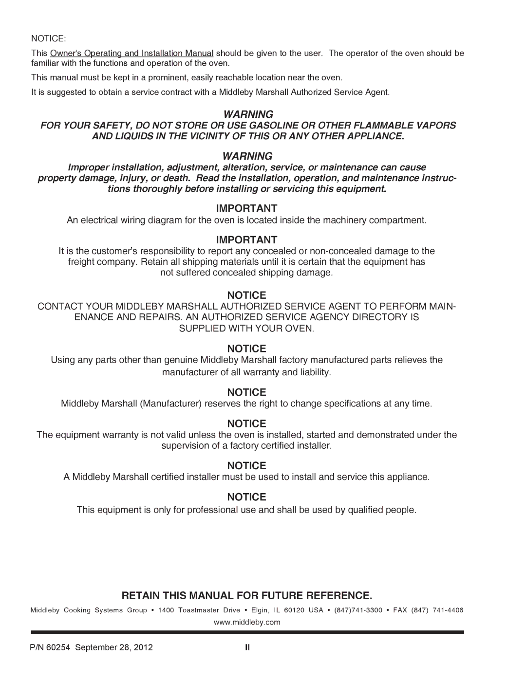 Middleby Marshall 60254 installation manual Retain this Manual for Future Reference 