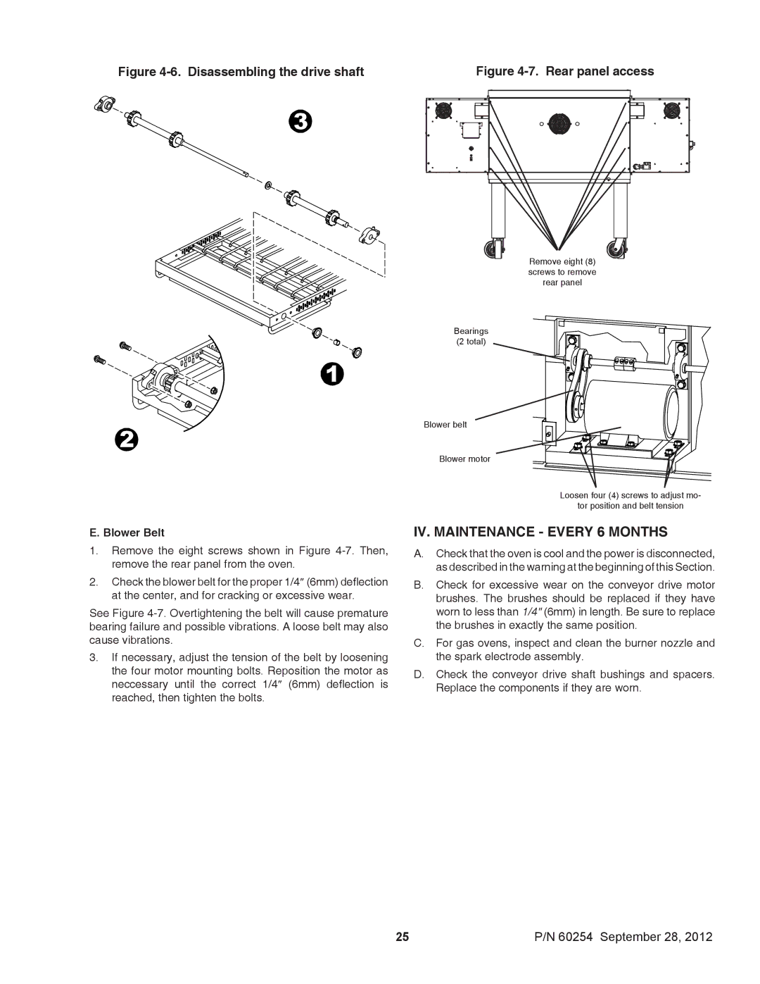 Middleby Marshall 60254 installation manual IV. Maintenance Every 6 Months, Blower Belt 