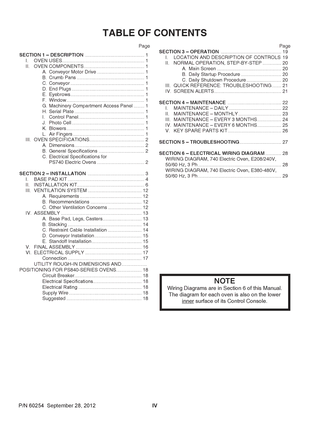 Middleby Marshall 60254 installation manual Table of Contents 