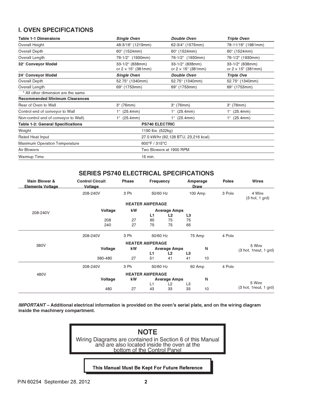 Middleby Marshall 60254 installation manual Oven Specifications 