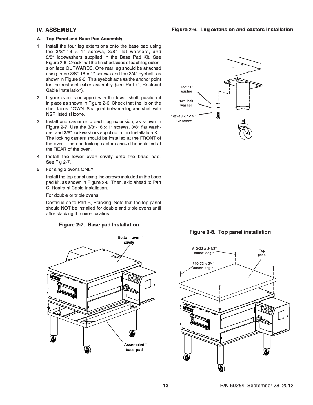 Middleby Marshall 60254 Iv. Assembly, 7. Base pad Installation, 6. Leg extension and casters installation 
