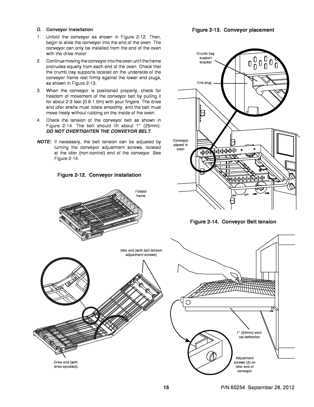 Middleby Marshall 60254 installation manual 12. Conveyor installation, 13. Conveyor placement, 14. Conveyor Belt tension 