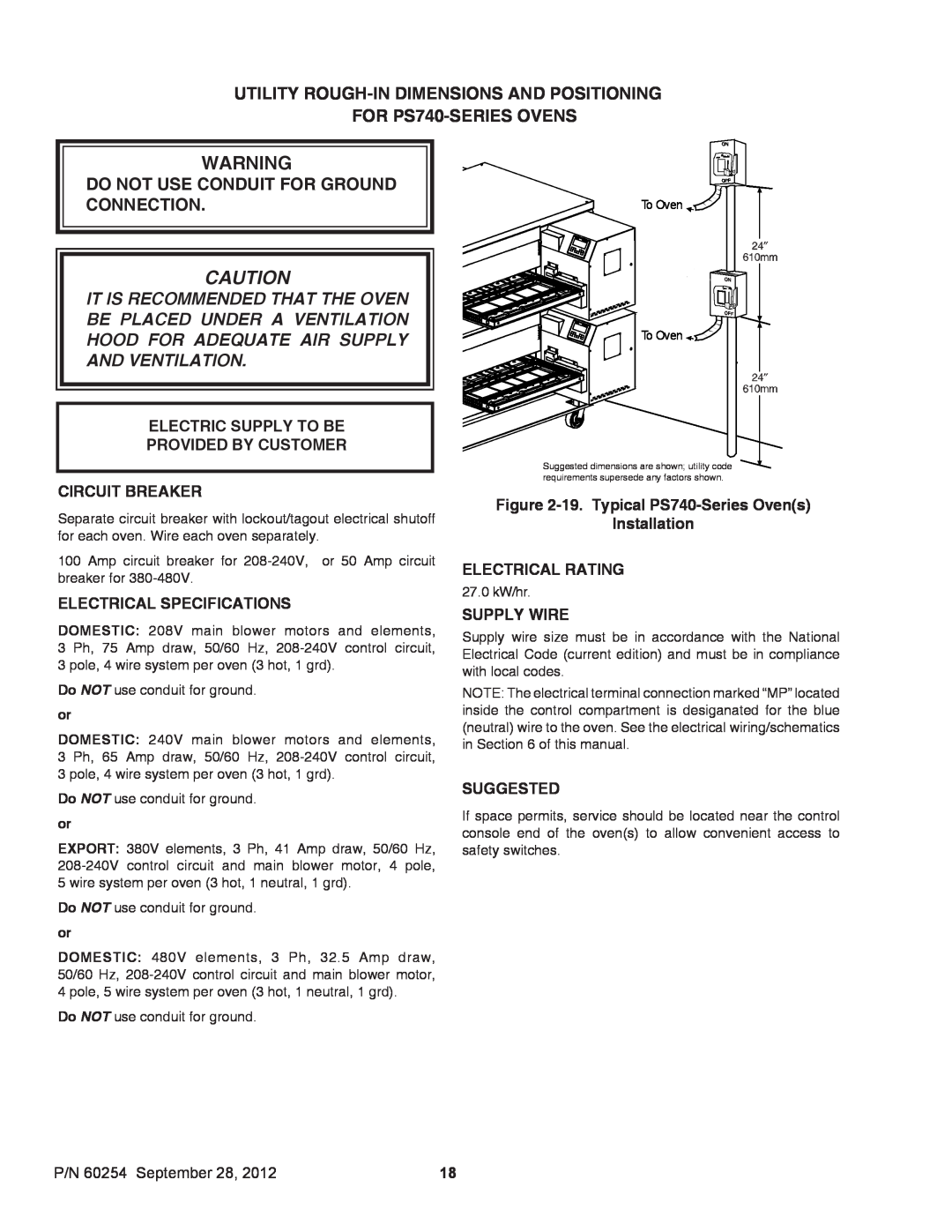 Middleby Marshall 60254 Do Not Use Conduit For Ground Connection, Electrical Specifications, Electrical Rating, Suggested 