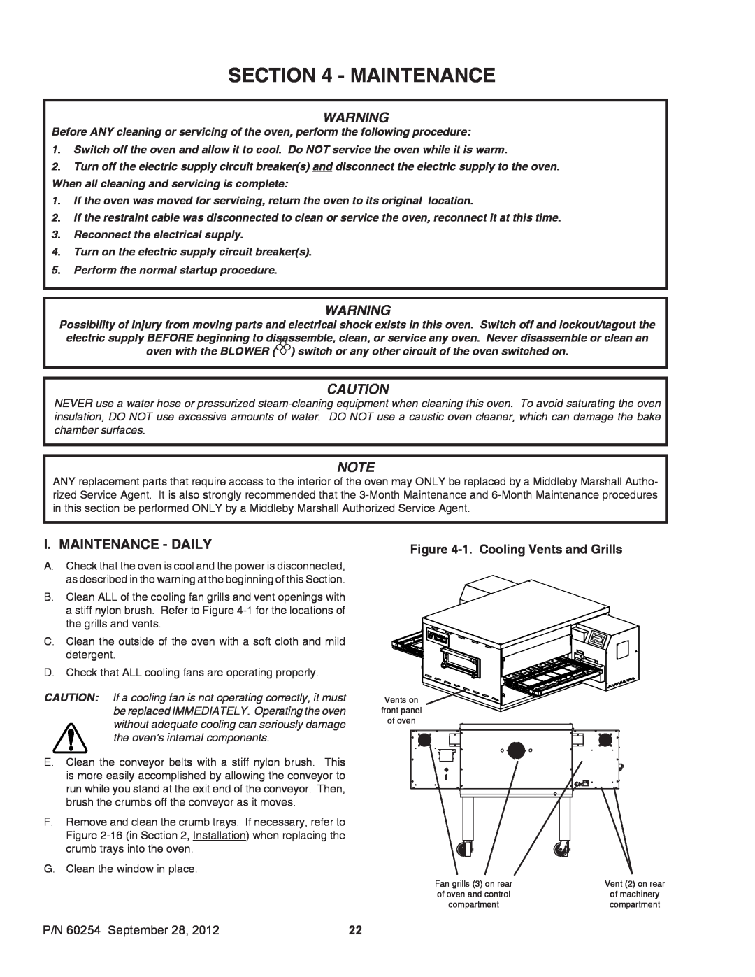 Middleby Marshall installation manual I. Maintenance - Daily, 1. Cooling Vents and Grills, P/N 60254 September 28 