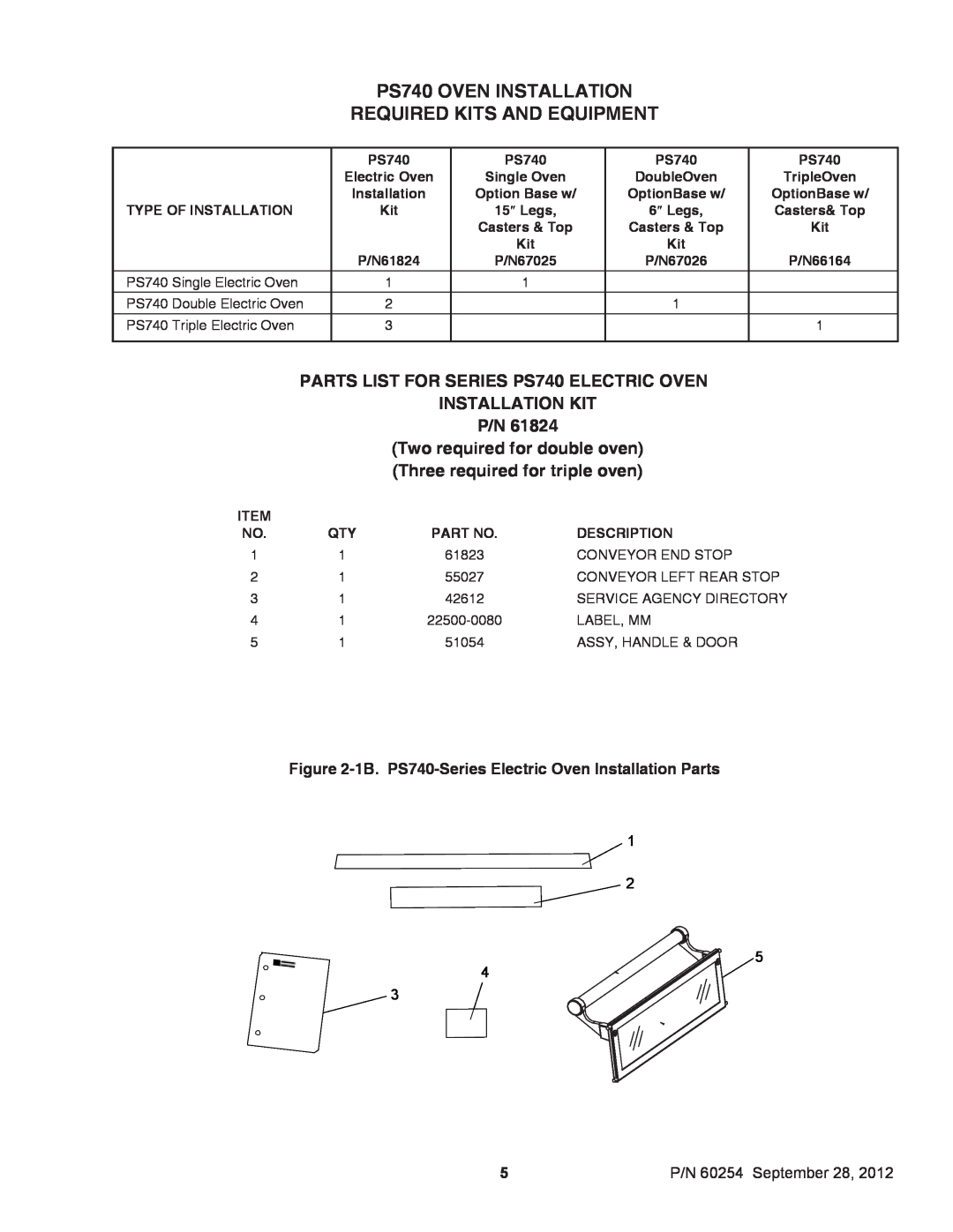 Middleby Marshall PS740 OVEN INSTALLATION REQUIRED KITS AND EQUIPMENT, P/N 60254 September 28, Electric Oven, 6 ″ Legs 