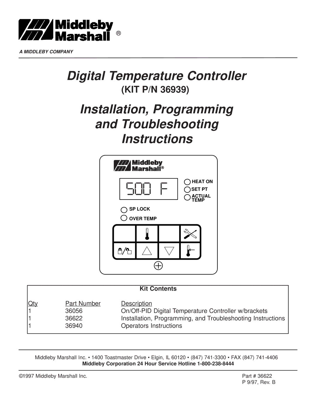 Middleby Marshall KIT P/N 36939 manual 500 F 