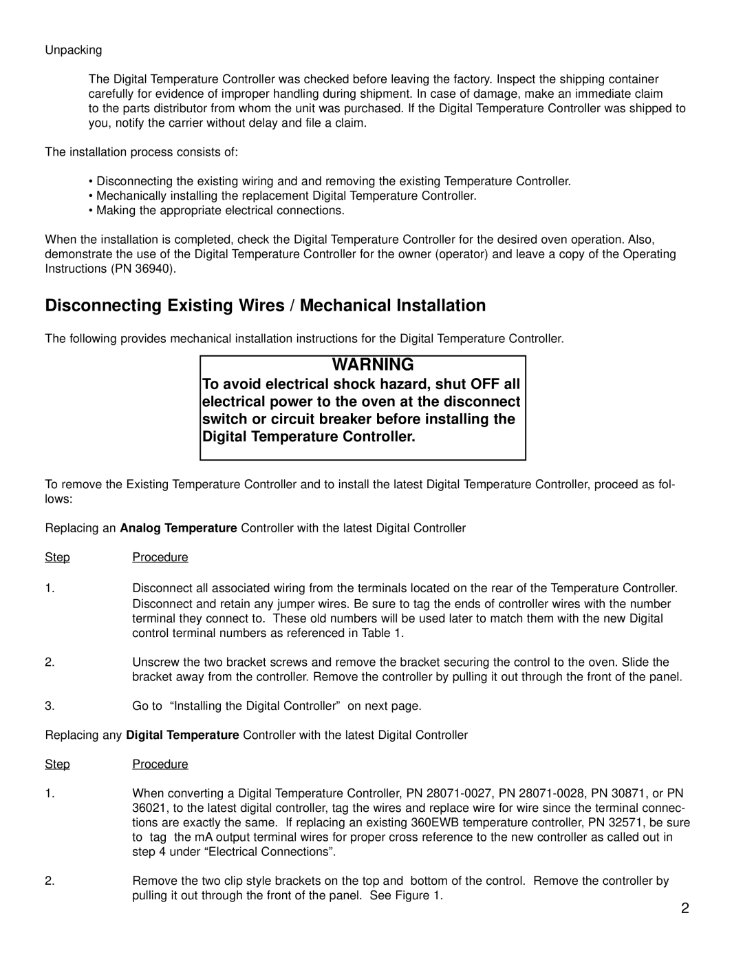 Middleby Marshall KIT P/N 36939 manual Disconnecting Existing Wires / Mechanical Installation 