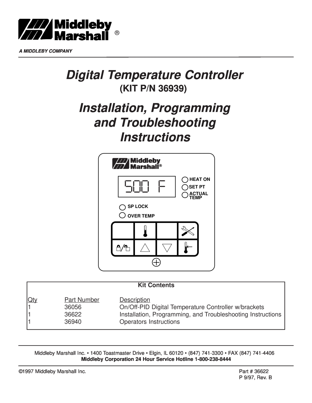 Middleby Marshall KIT P/N 36939 manual Kit Contents, 500 F, Digital Temperature Controller, Instructions, Kit P/N 