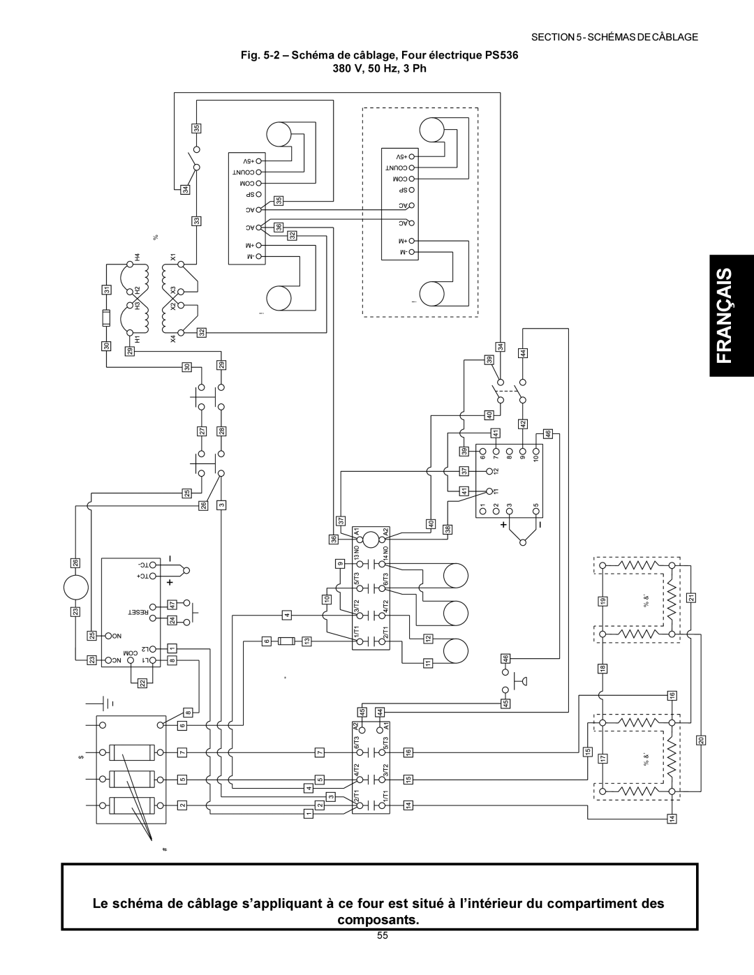 Middleby Marshall Model PS536 installation manual Schéma de câblage, Four électrique PS536 380 V, 50 Hz, 3 Ph 