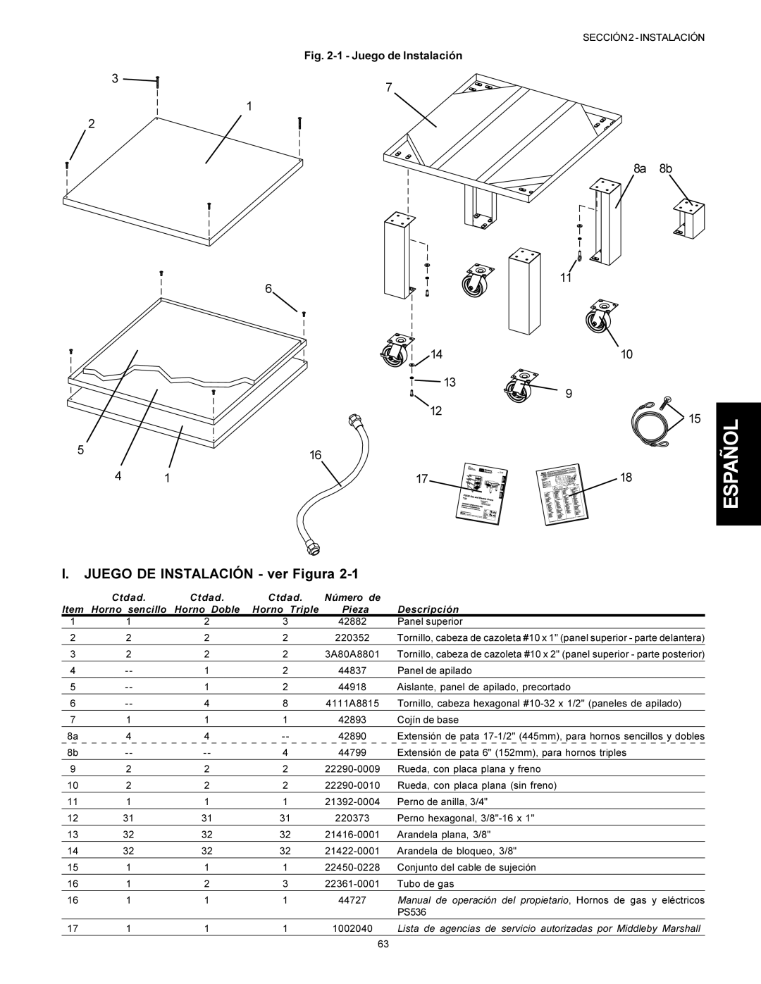 Middleby Marshall Model PS536 installation manual Juego DE Instalación ver Figura, Juego de Instalación 