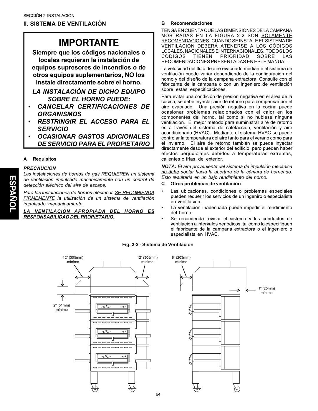 Middleby Marshall Model PS536 II. Sistema DE Ventilación, Requisitos, Recomendaciones, Otros problemas de ventilación 