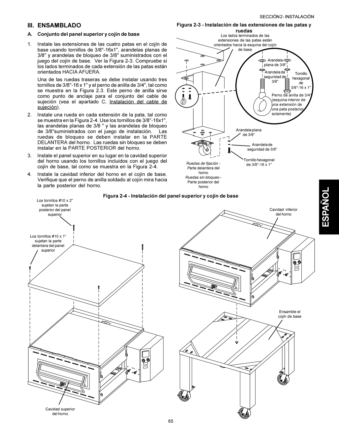 Middleby Marshall Model PS536 installation manual III. Ensamblado, Conjunto del panel superior y cojín de base 