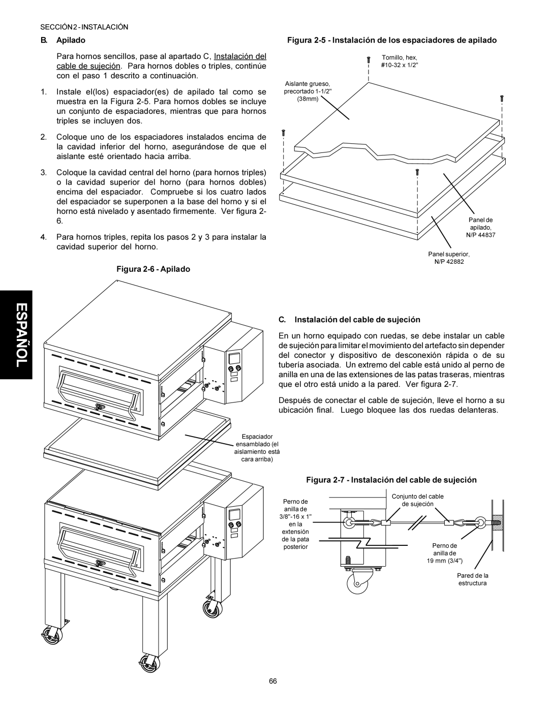 Middleby Marshall Model PS536 installation manual Apilado, Para hornos sencillos, pase al apartado C, Instalación del 