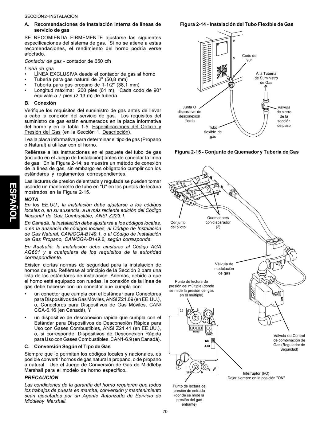 Middleby Marshall Model PS536 installation manual Conexión, Conversión Según el Tipo de Gas 